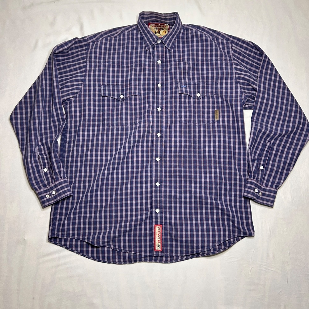 Vtg Cinch Classic Cowboy Collection Mens M Blue Plaid Diamond Pearl Snap Shirt